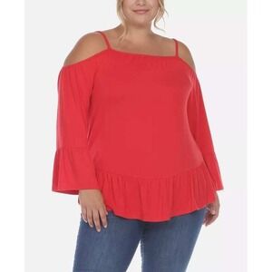 NEW White Mark red ruffle cold shoulder bell ruffle long sleeves top shirt 2XL